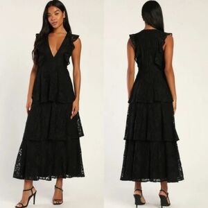 Lulus Molinetto Black Lace Ruffled Tiered Sleeveless Maxi Dress M Wedding Party